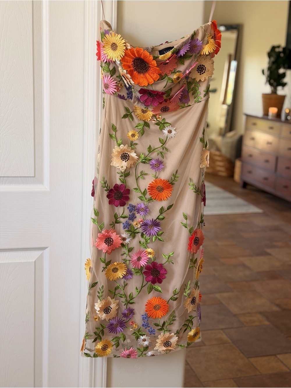 VICI Beige Strapless Midi Dress with Multicolor Floral Embroidery - Picture 4 of 8
